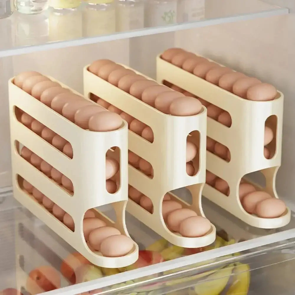 Cream-colored plastic egg organizers with multiple slots for neatly storing brown eggs.