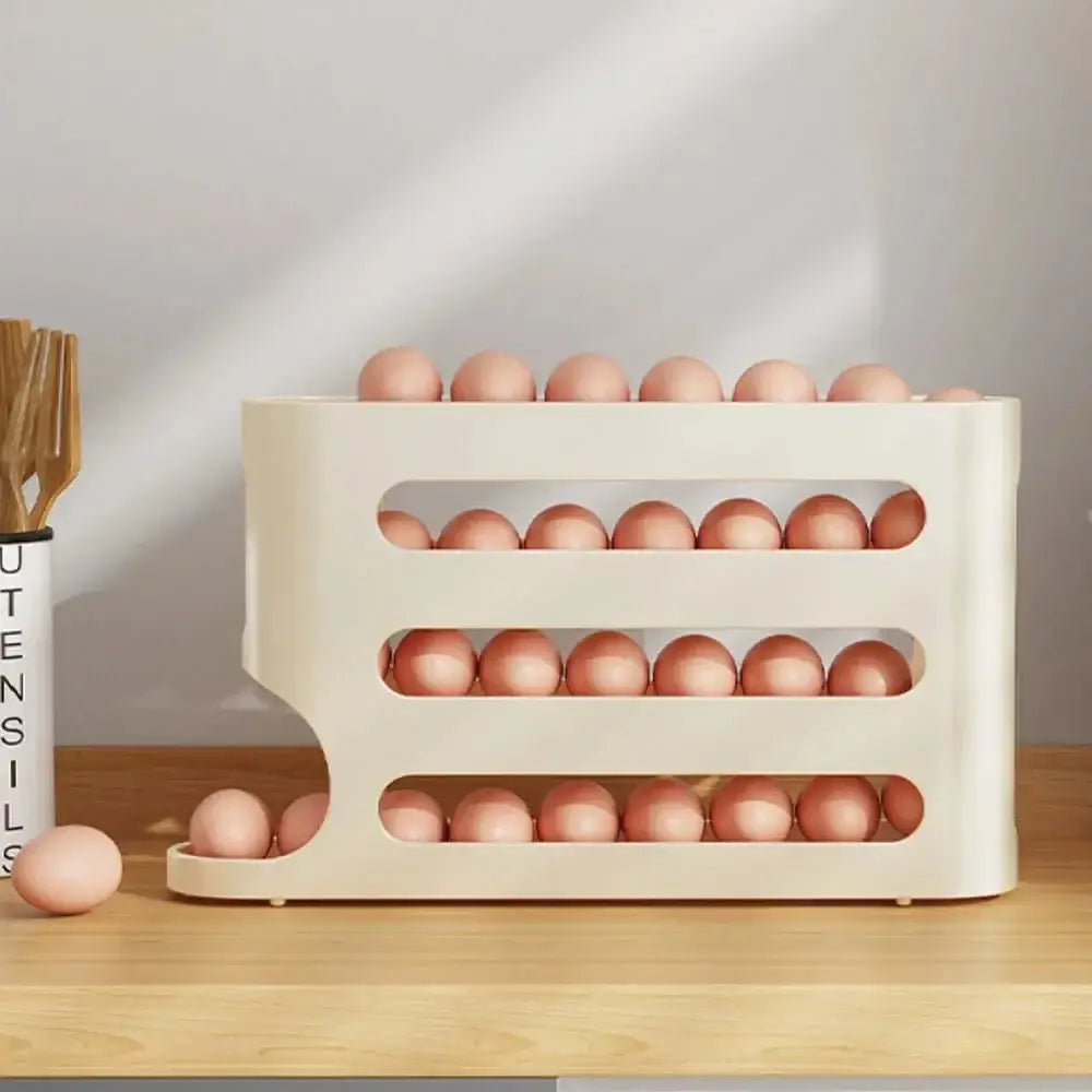 Cream-colored plastic egg storage rack with three tiers and a front-facing slot for easy access.