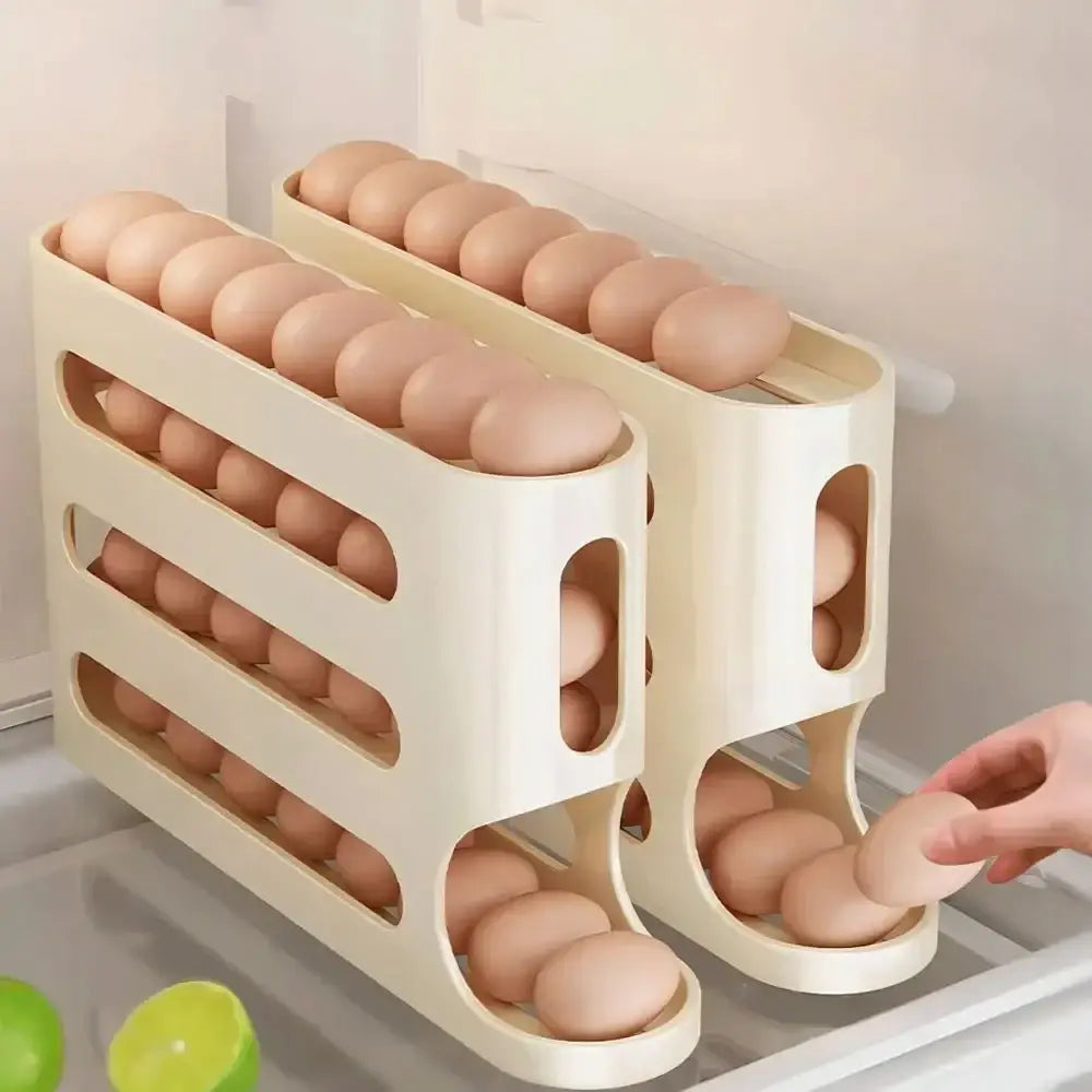 Cream-colored plastic egg organizer with three tiers and side slots for easy access.
