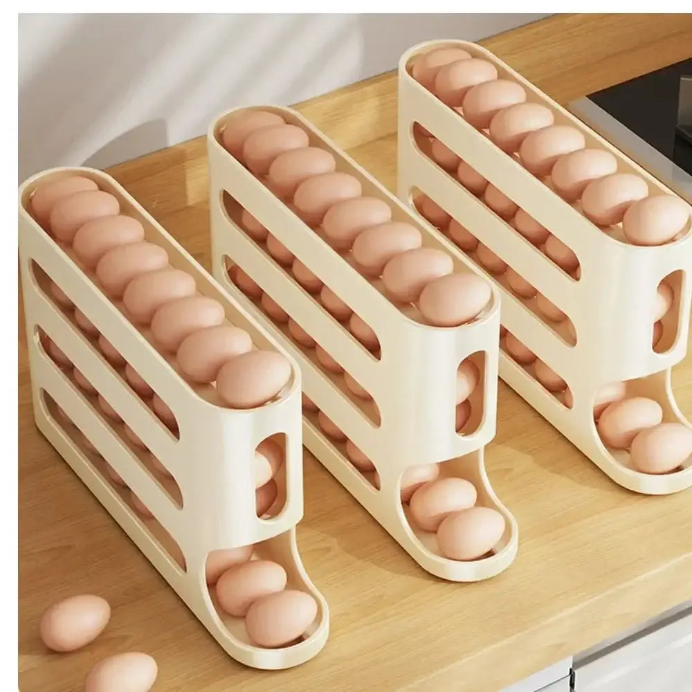 Beige plastic egg storage racks with multiple tiers and slots for organizing brown eggs.