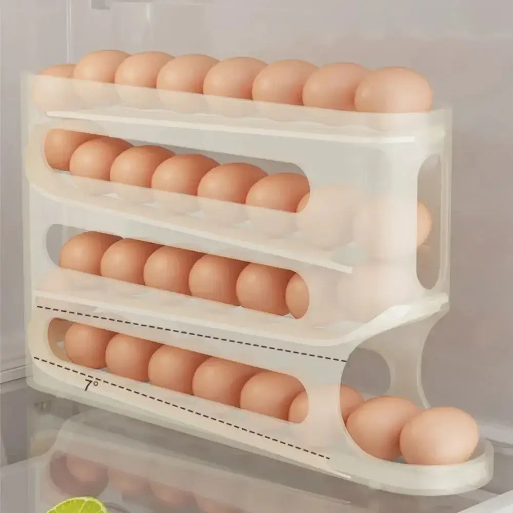 White plastic egg rack with four tiers, each holding multiple brown eggs.