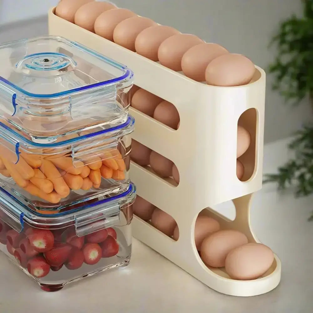 Cream-colored plastic egg rack holding brown eggs in its tiered compartments.