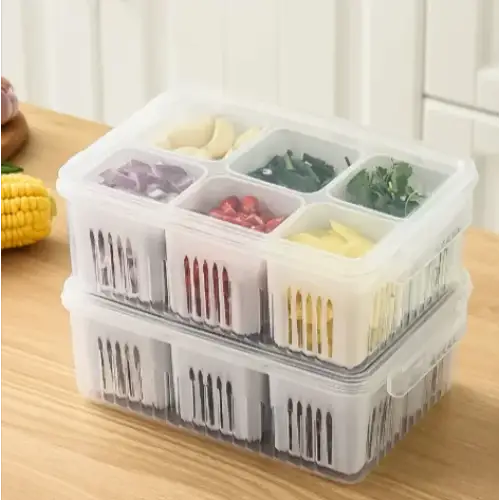 Clear plastic compartmentalized food storage box with six sections, each holding different chopped vegetables.