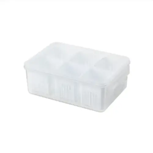 Clear plastic compartmentalized storage box with a matching lid.