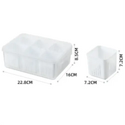 White plastic egg storage container with six compartments and a matching lid.