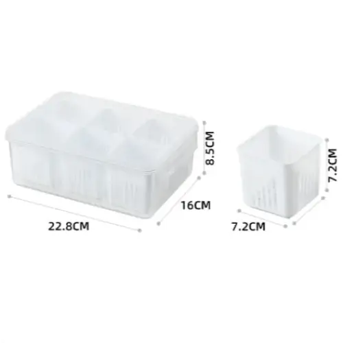 White plastic egg storage container with six compartments and a matching lid.