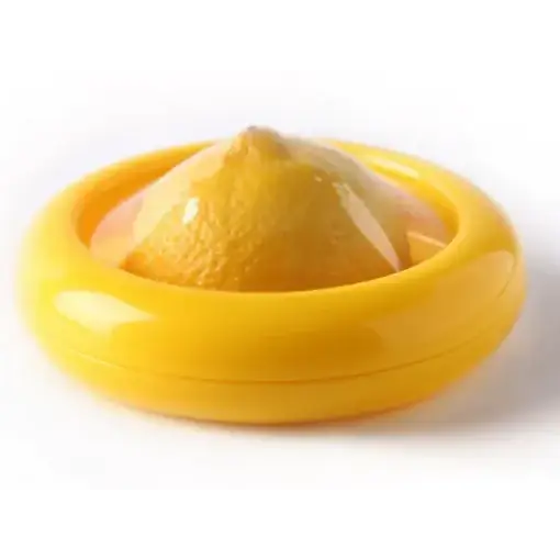 Bright yellow plastic lemon squeezer with a smooth, glossy finish.