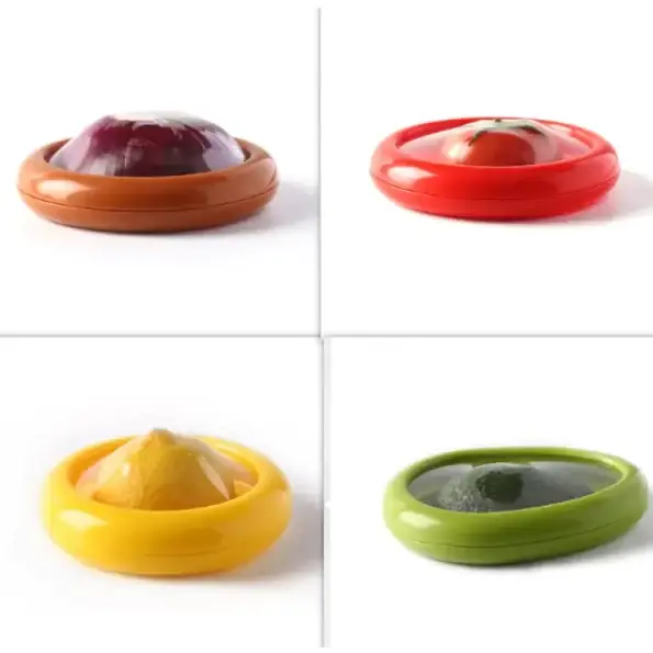 A colorful, circular silicone food saver with a transparent dome lid and matching colored base.