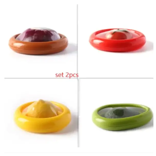 Set of four colorful, glossy plastic food storage lids with matching colored silicone seals.
