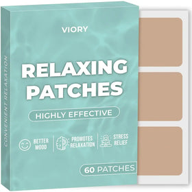 Viory brand relaxing patches in a teal box, featuring 60 beige adhesive patches designed for stress relief and mood enhancement.