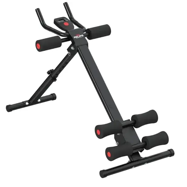 Black and red adjustable back extension machine with padded handles and footrests.