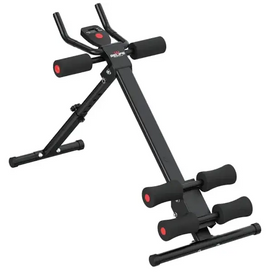 Black and red adjustable back extension machine with padded handles and footrests.