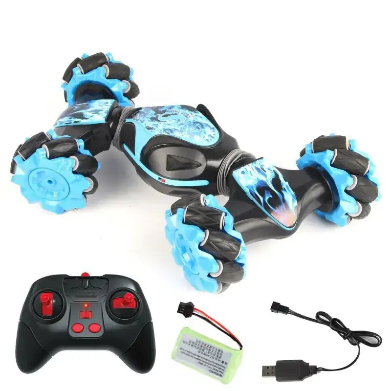 Blue and black remote-controlled car with flame-patterned plastic wheels.