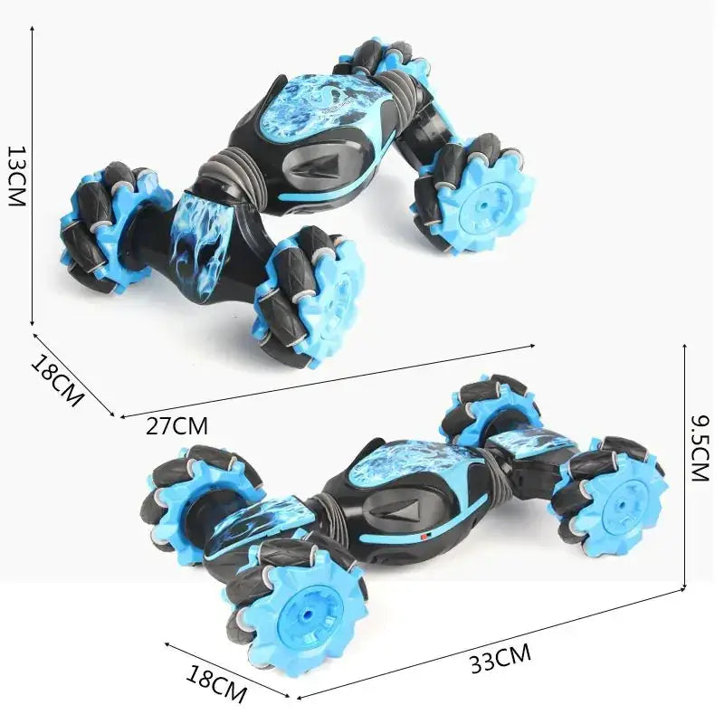 Blue and black plastic toy car with a flame design on the body.