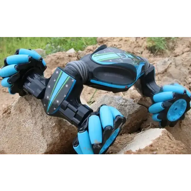 Blue and black robotic arm toy with articulated joints, glowing blue wheels on the palms, and a sleek carbon fiber-like design.