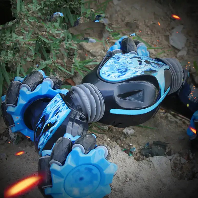 Blue and black robotic toy car with glowing blue accents and rugged, gear-like wheels.