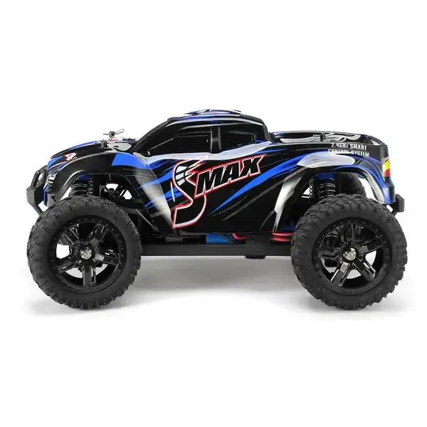 Black and blue remote-controlled off-road truck with ’s max’ branding on the side.