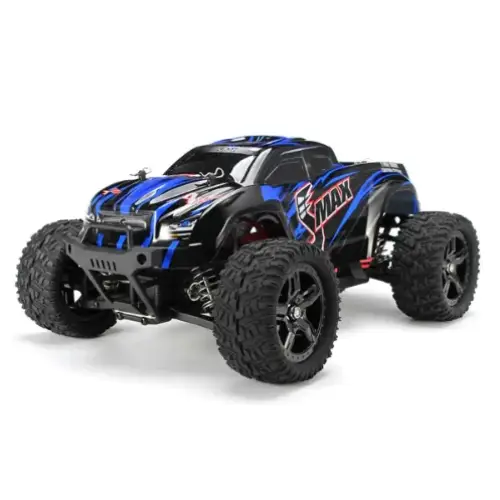 Black and blue rc monster truck with rugged off-road tires and a bold ’max’ logo on the side.