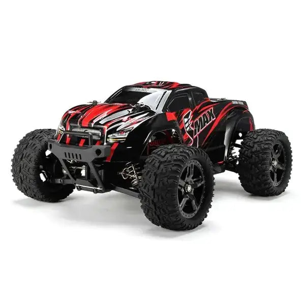 Black and red rc monster truck with aggressive styling, featuring bold flame decals and rugged off-road tires.