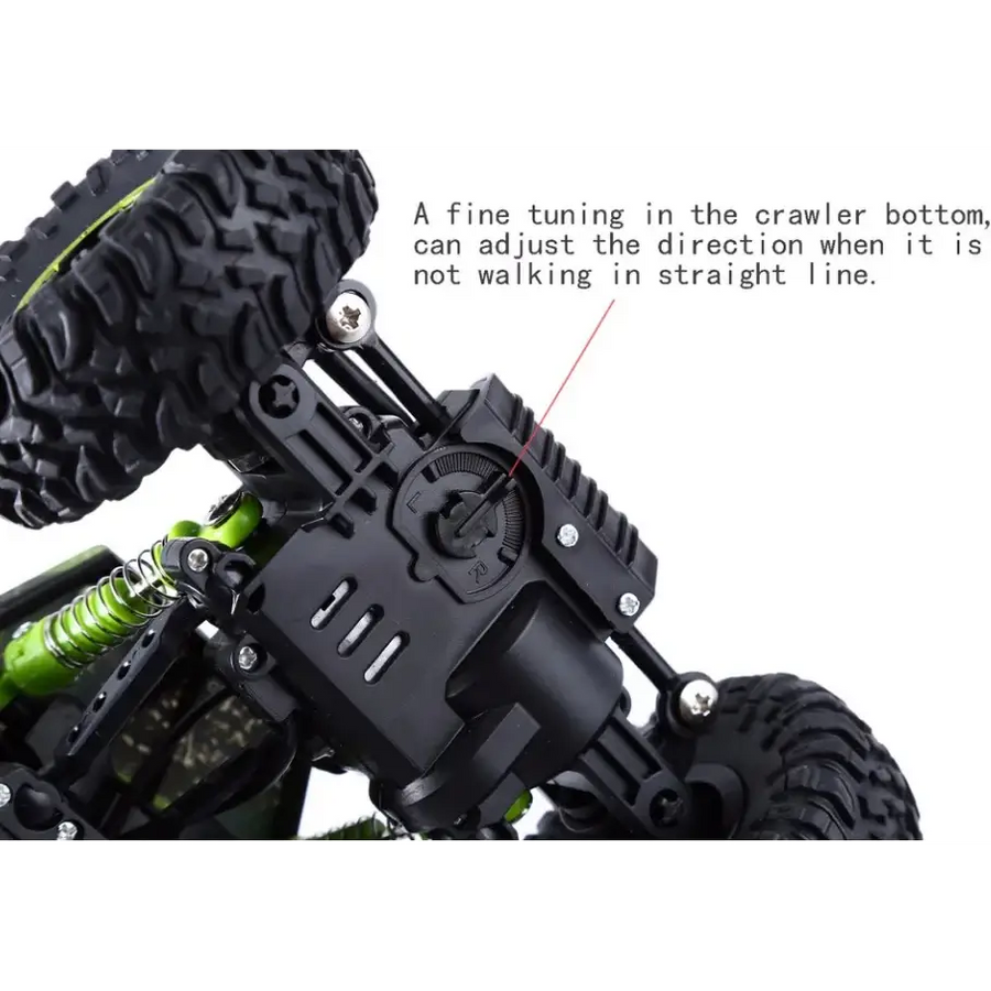 Black and green remote-controlled off-road vehicle with rugged tires and adjustable suspension.