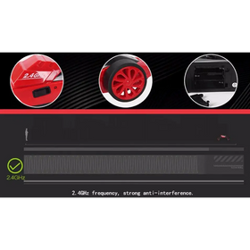 Red remote-controlled car with black wheels and a sleek, sporty design.