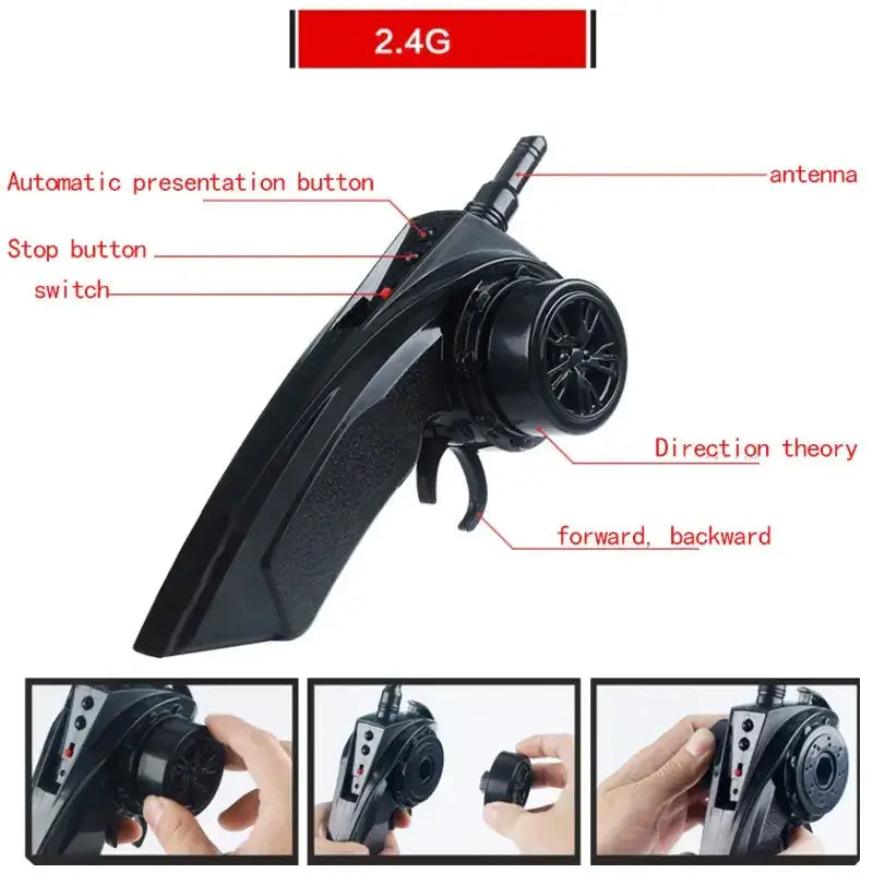 Black plastic remote control with a 2.4g frequency label and an antenna, featuring buttons for automatic presentation, stop, and direction controls.