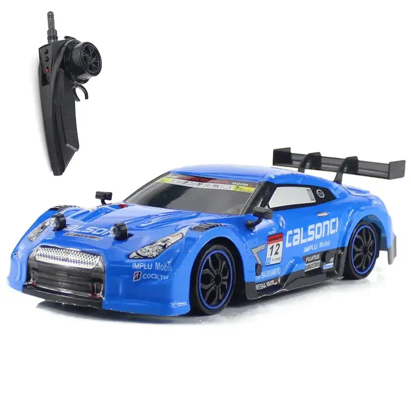 Blue remote-controlled nissan gt-r race car with black accents and detailed sponsor decals.