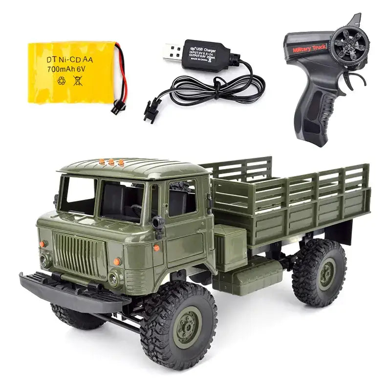 Olive green remote-controlled military truck with rugged tires and detailed grille.