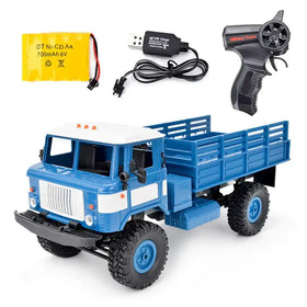 Blue and white remote-controlled military truck with black tires and blue rims.