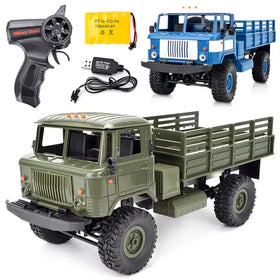 Olive green military-style remote control truck with rugged tires and a detailed cargo bed