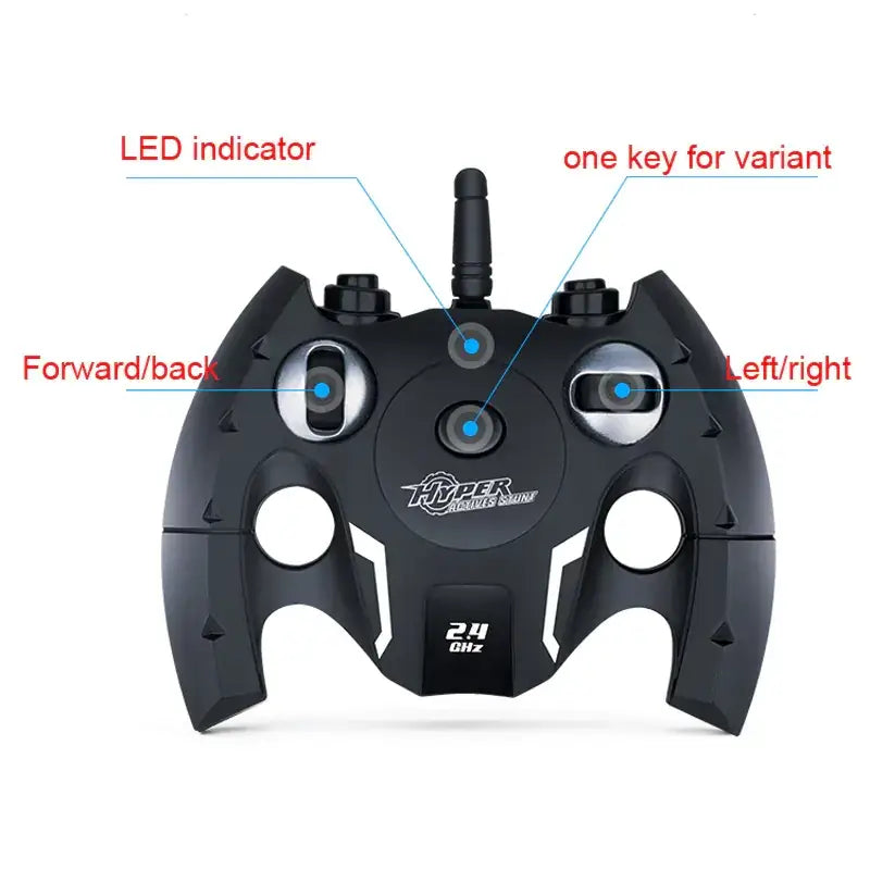 Black plastic remote control with silver accents and a central logo, labeled ’hyper’ on the front.