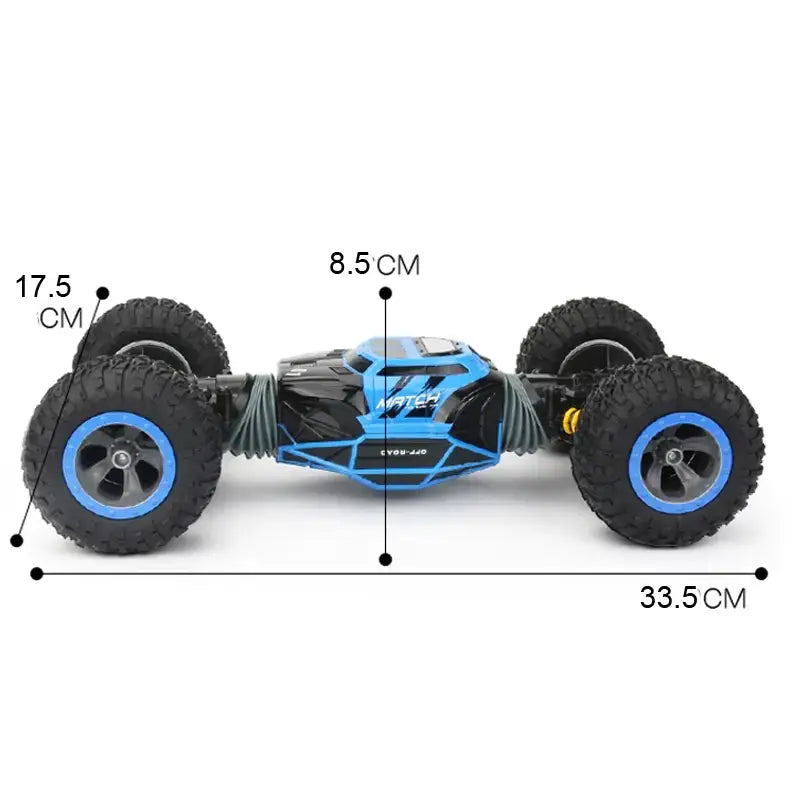 Blue and black remote-controlled twisty car with rugged tires.