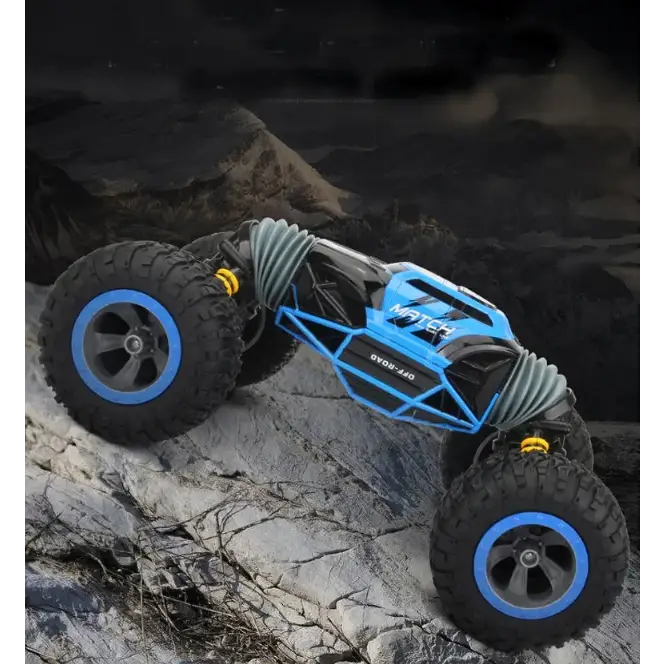 Blue and black remote-controlled rock crawler with rugged tires and a visible suspension system.
