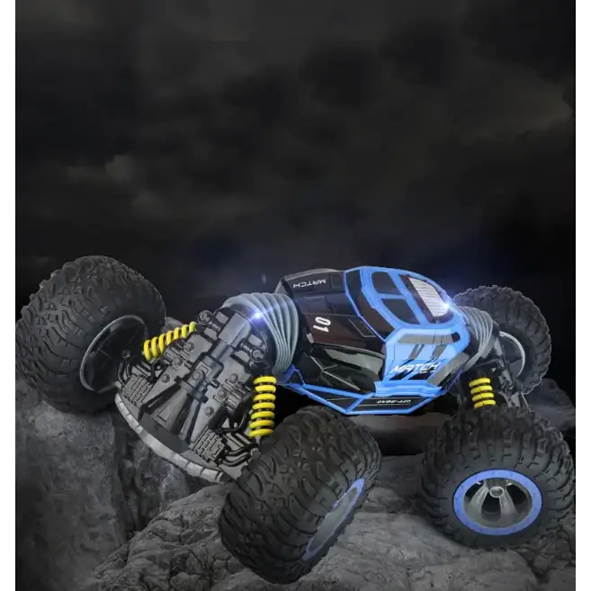 Blue and black remote-controlled off-road truck with yellow suspension coils.