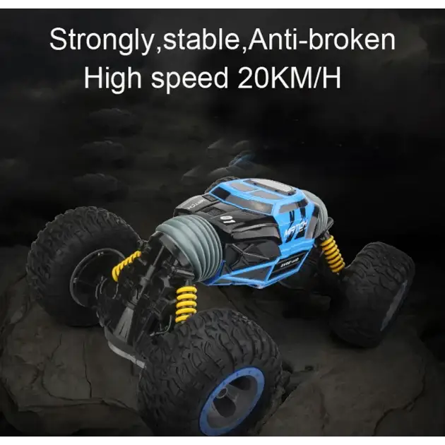 Blue and black remote-controlled off-road truck with yellow suspension springs.