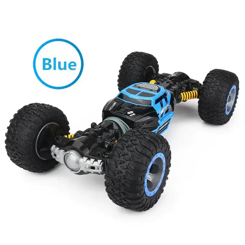 Blue and black remote-controlled off-road monster truck with rugged tires and yellow suspension components.