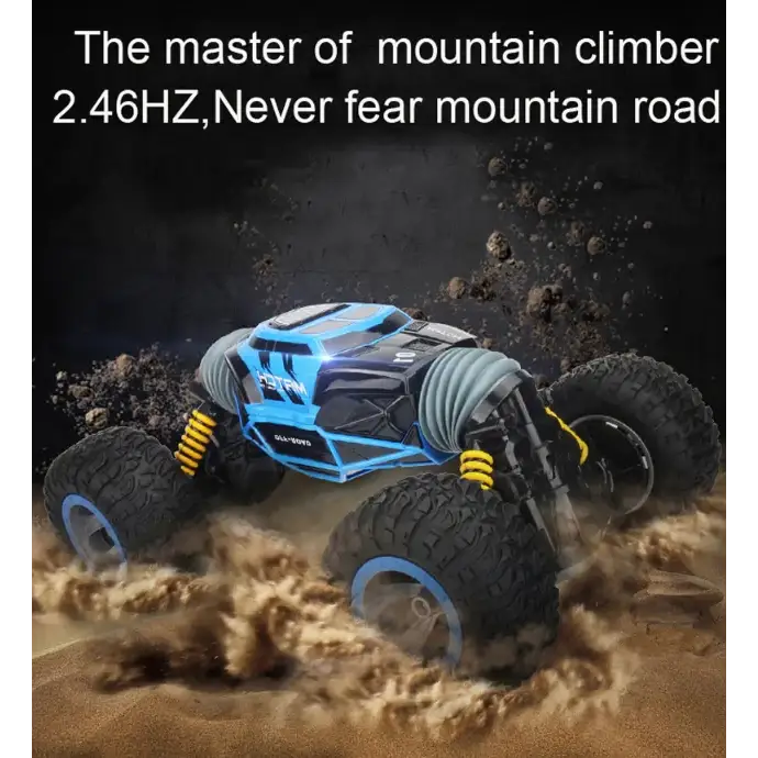 Blue and black remote-controlled monster truck with yellow suspension springs.