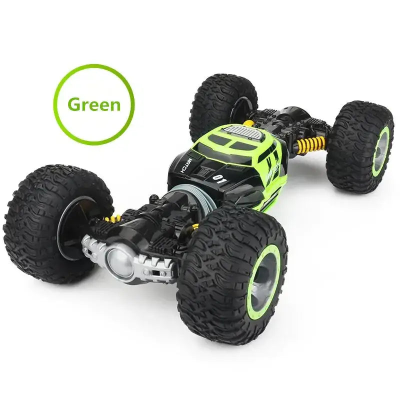 Vibrant lime green and black remote-controlled off-road monster truck with rugged tires and yellow suspension components.