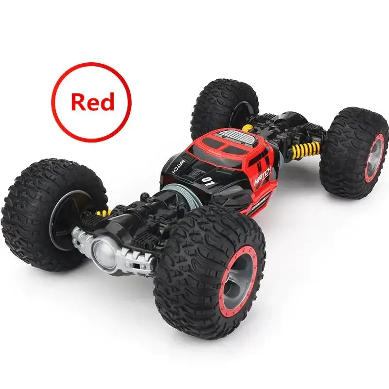 Red and black remote-controlled monster truck with rugged tires and yellow suspension components.