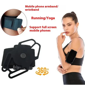 Black mobile phone armband with adjustable strap and secure clasp, designed for running or yoga to hold full-screen smartphones.