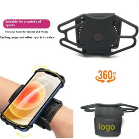 Black sporty phone armband with adjustable strap and 360-degree rotation for secure grip during cycling or yoga.