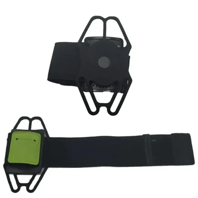 Black armband with a lime green pocket and adjustable elastic strap