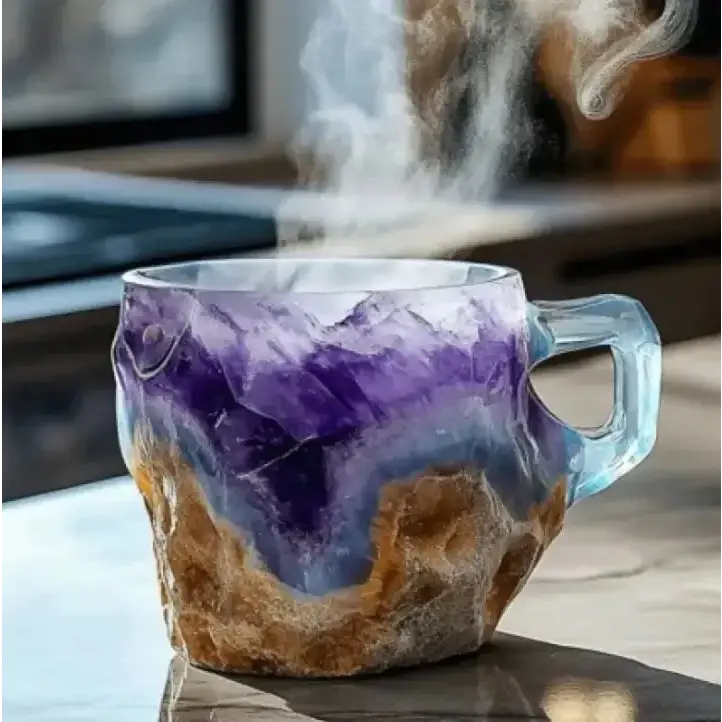 A steaming, translucent glass mug with a rugged, layered design resembling purple amethyst and golden-brown stone.