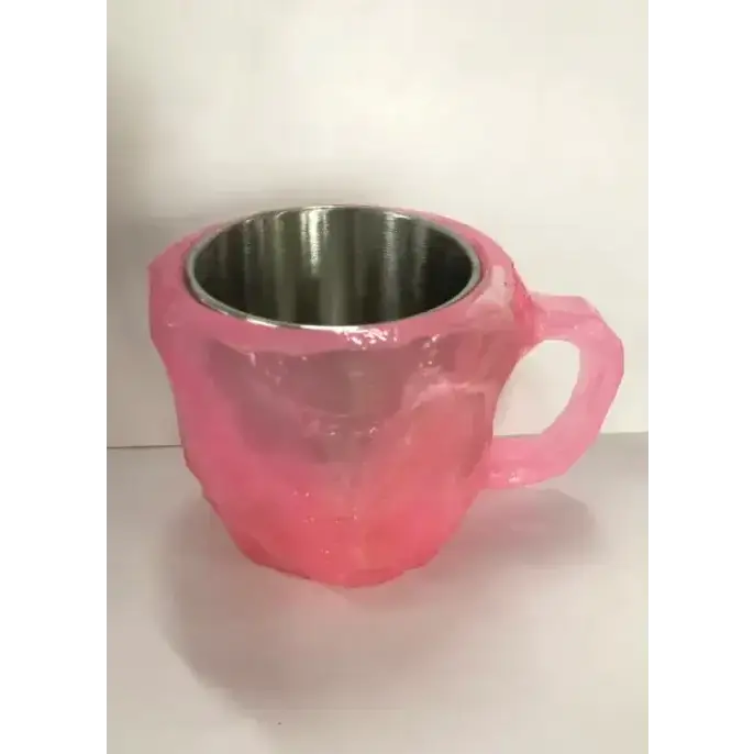 Pink translucent plastic mug with a stainless steel interior and handle.
