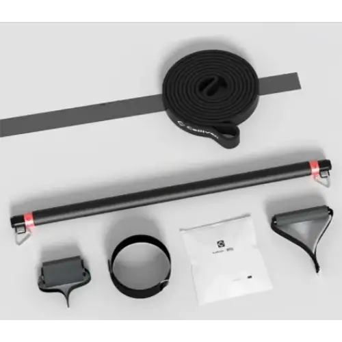 Black resistance training bar with attached loop and adjustable attachments