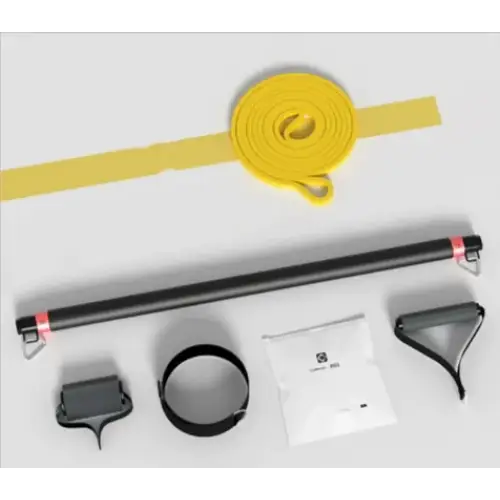 Yellow resistance band with black handles and attachments