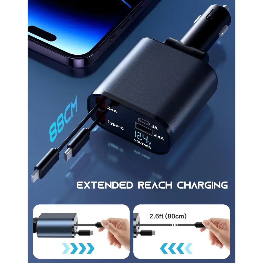 Retractable Car Charger 4 in 1 Fast Car Phone Charger 120W With USB Type C Cable