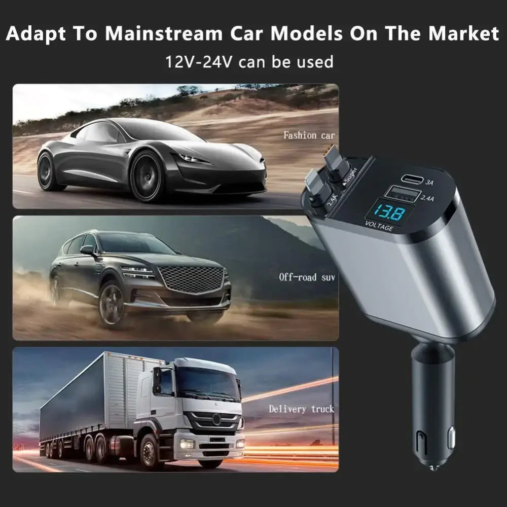 Retractable Car Charger 4 in 1 Fast Car Phone Charger 120W With USB Type C Cable