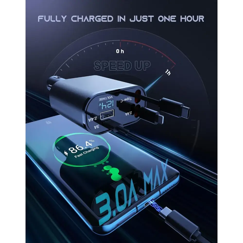 Retractable Car Charger 4 in 1 Fast Car Phone Charger 120W With USB Type C Cable
