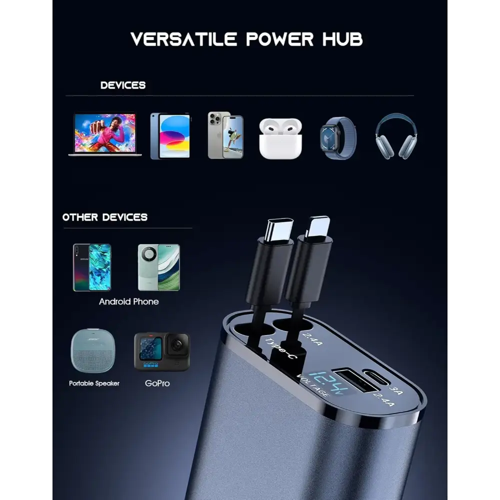 Retractable Car Charger 4 in 1 Fast Car Phone Charger 120W With USB Type C Cable